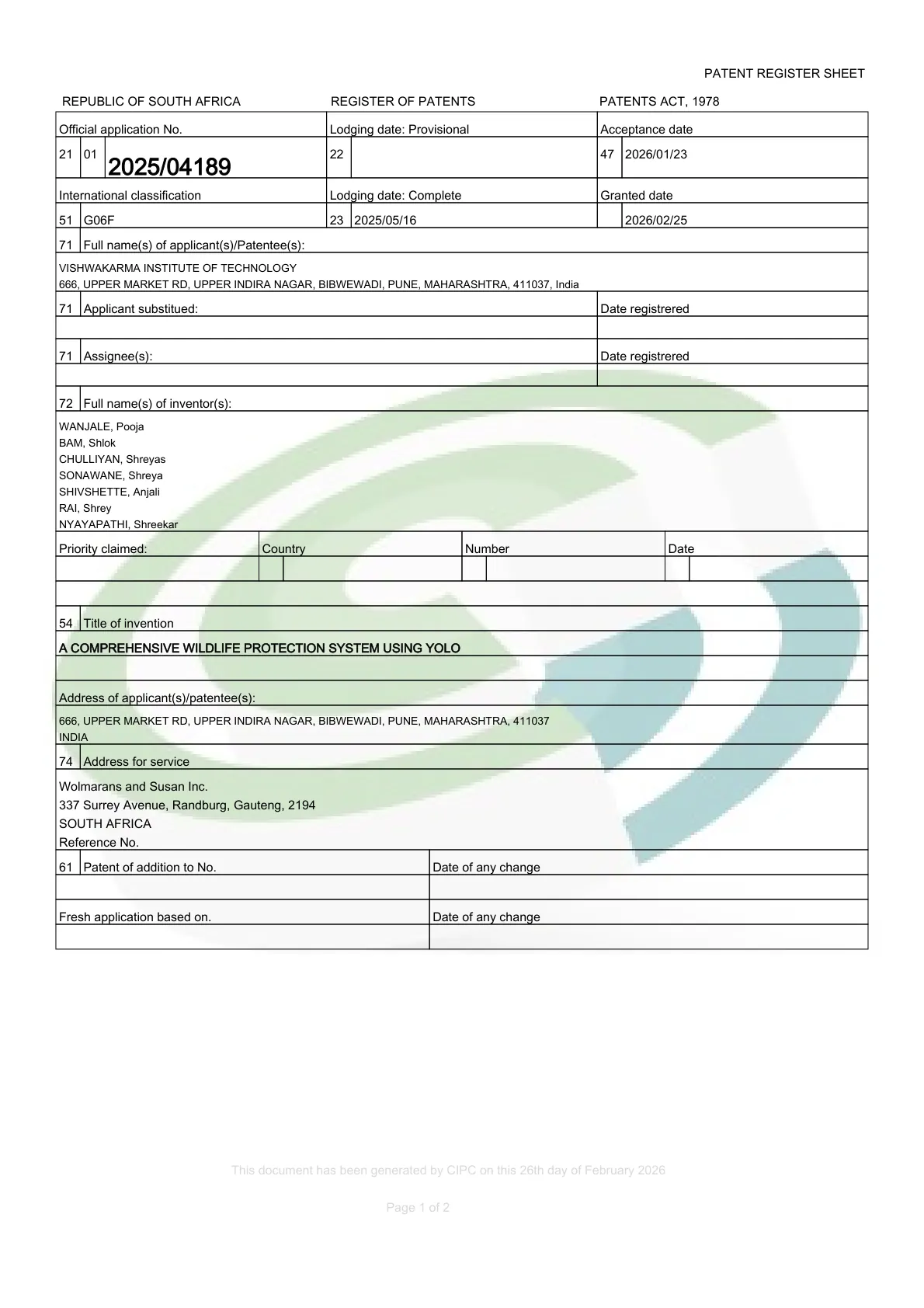 Official patent register sheet