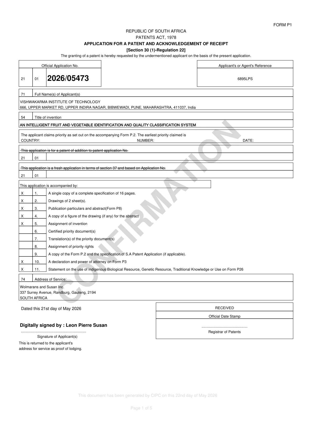 Patent lodging receipt